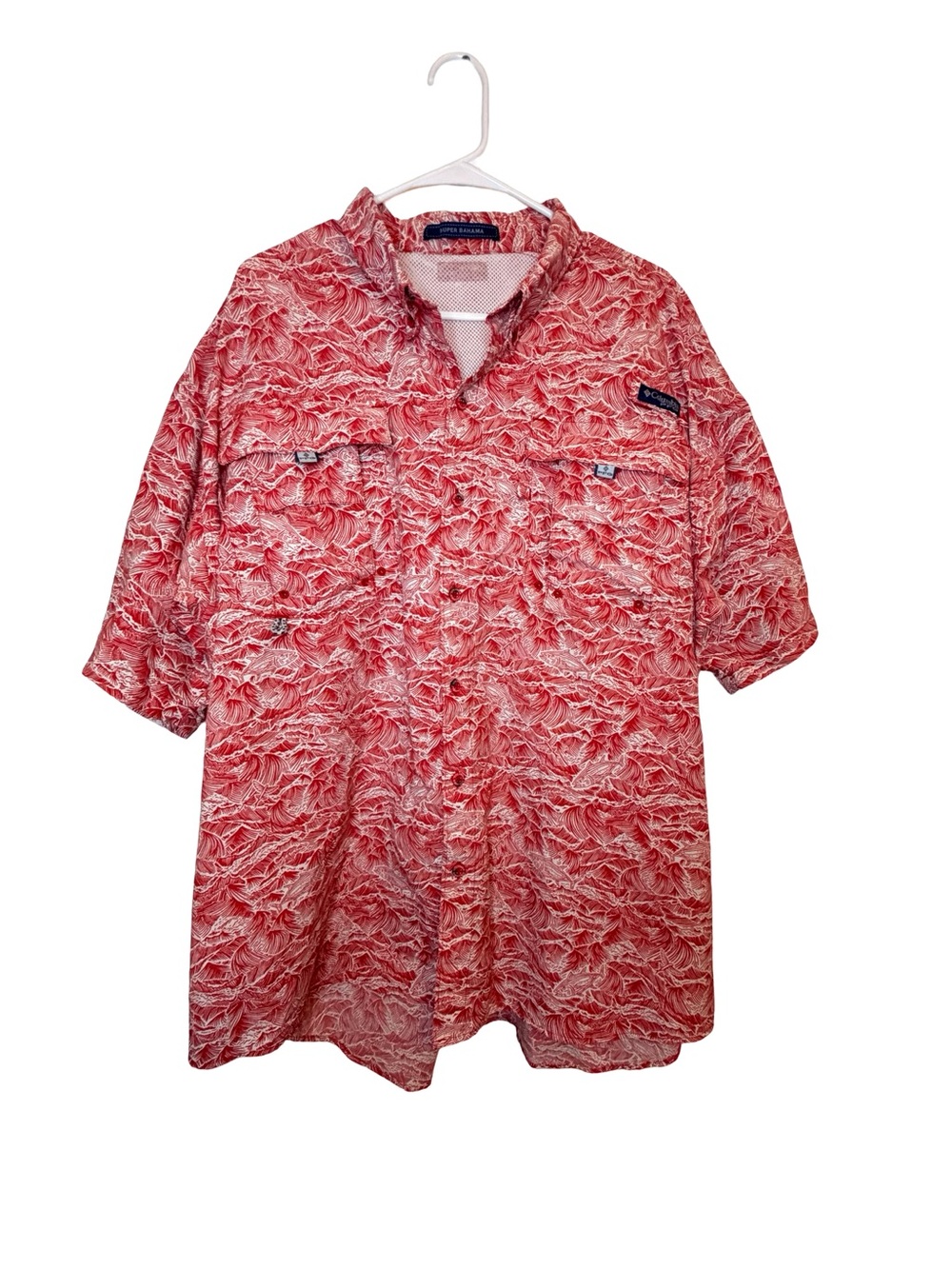 Columbia PFG Super Bahama Fishing Shirt Red Wave Print Omni-Shade Mens XXL - Picture 3 of 6